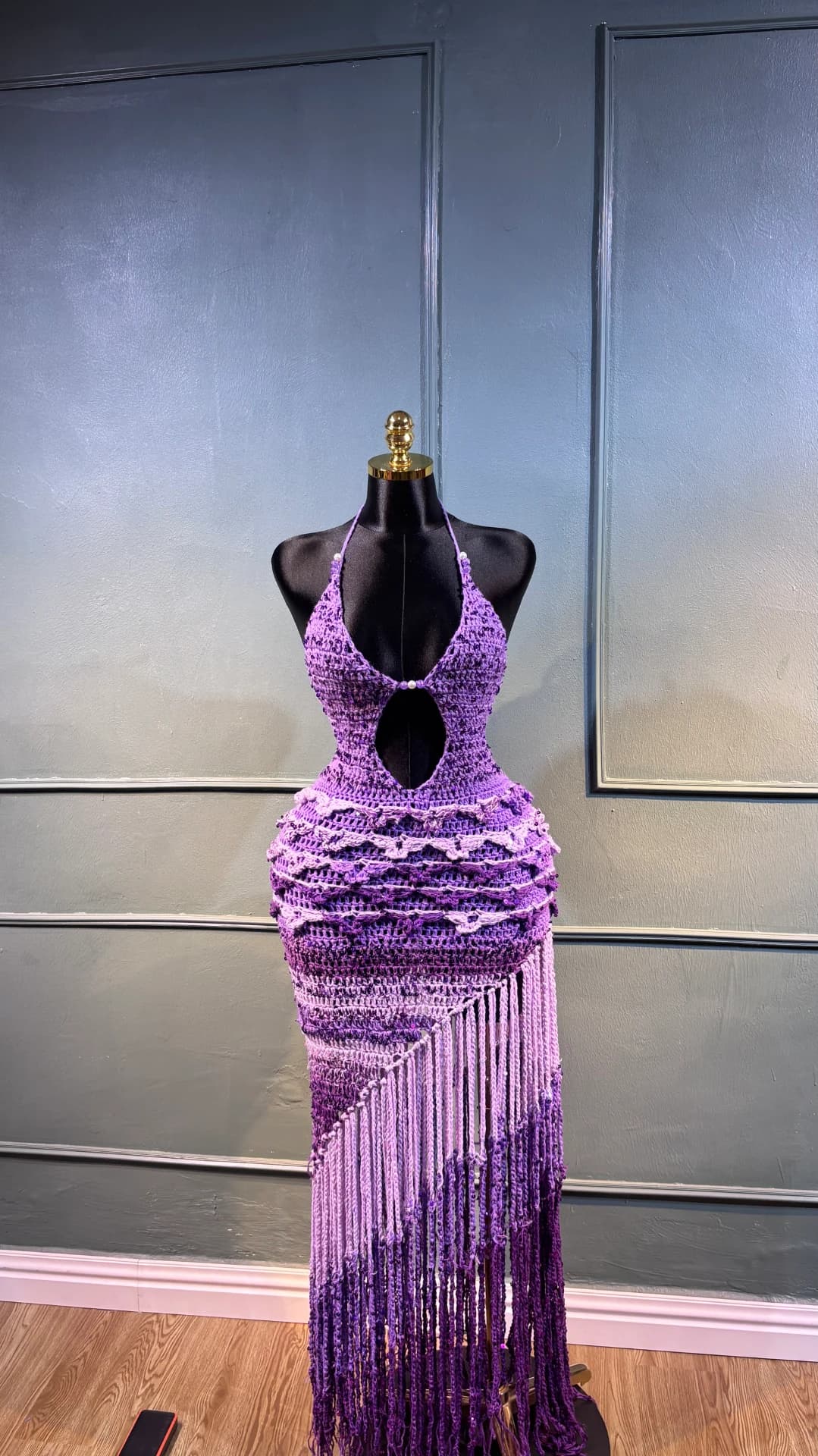 Handmade Purple Crochet Halter Fringe Dress