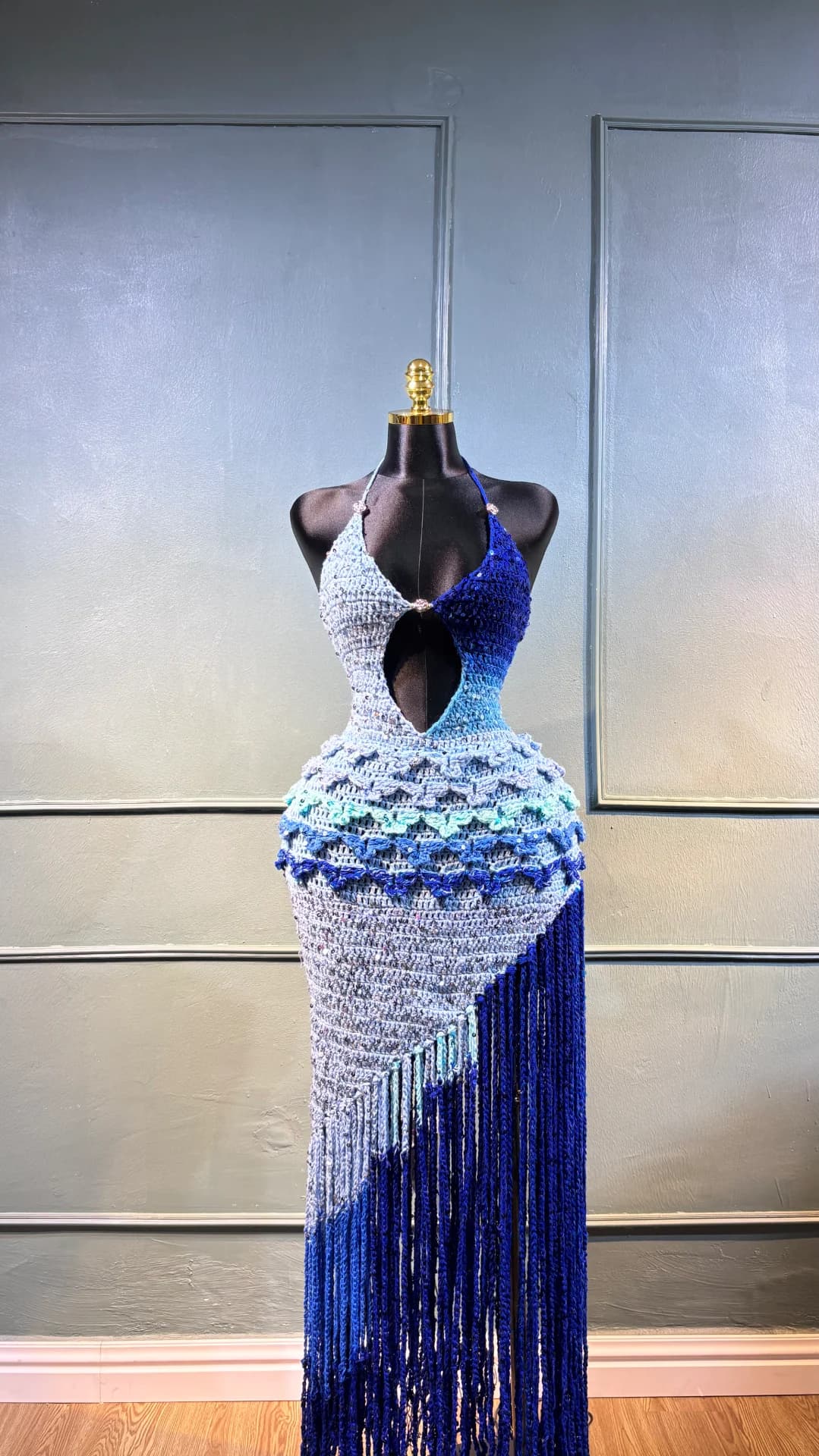 Ocean Wave Crochet Halter Maxi Dress with Fringe