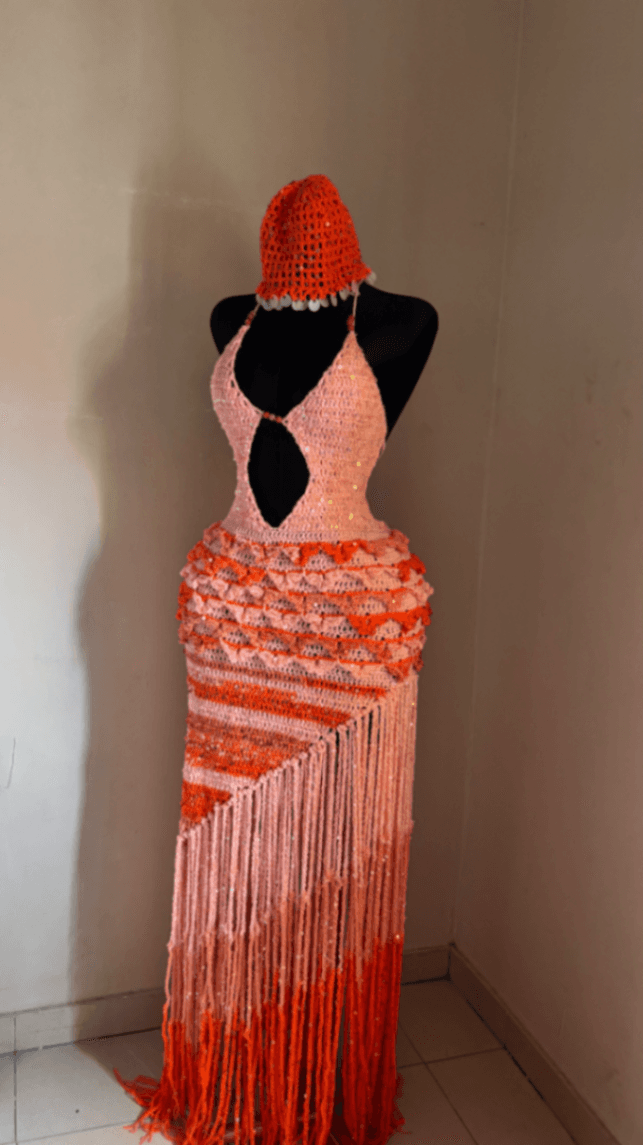 Handmade Crochet Sequin Fringe Maxi Dress with Matching Beret