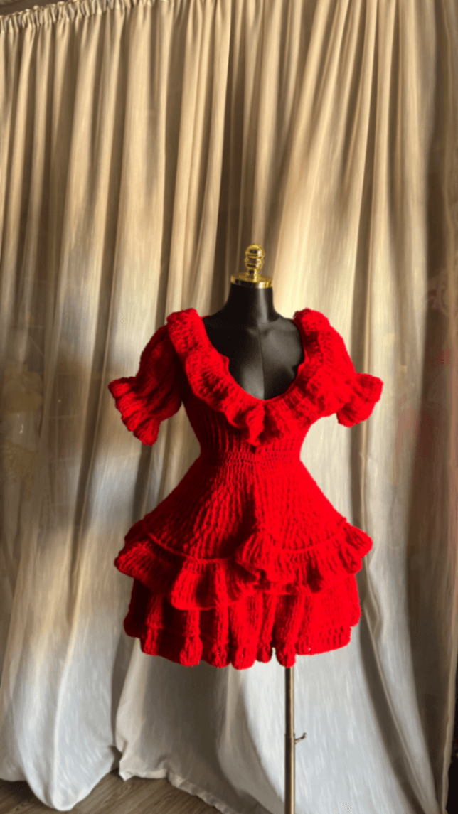 Handmade Red Crochet Ruffle Mini Dress