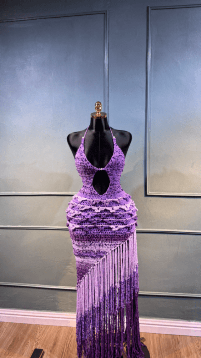 Handmade Purple Crochet Halter Fringe Dress