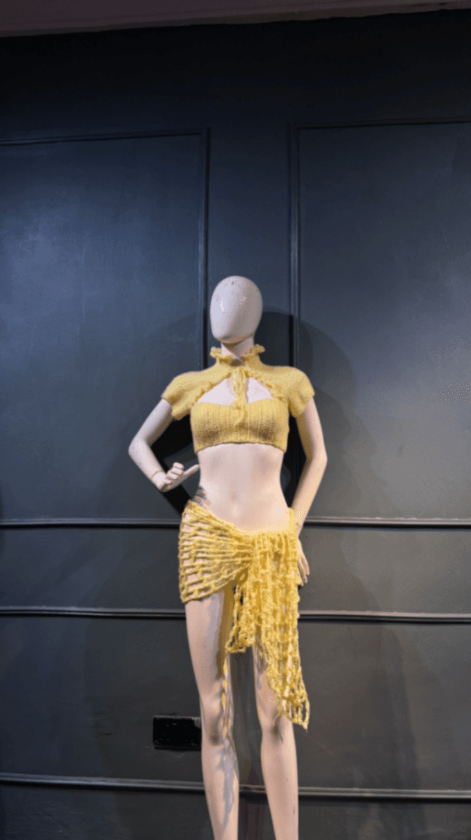 Chic Yellow Knit Crop Top and Skirt Two-Piece Set